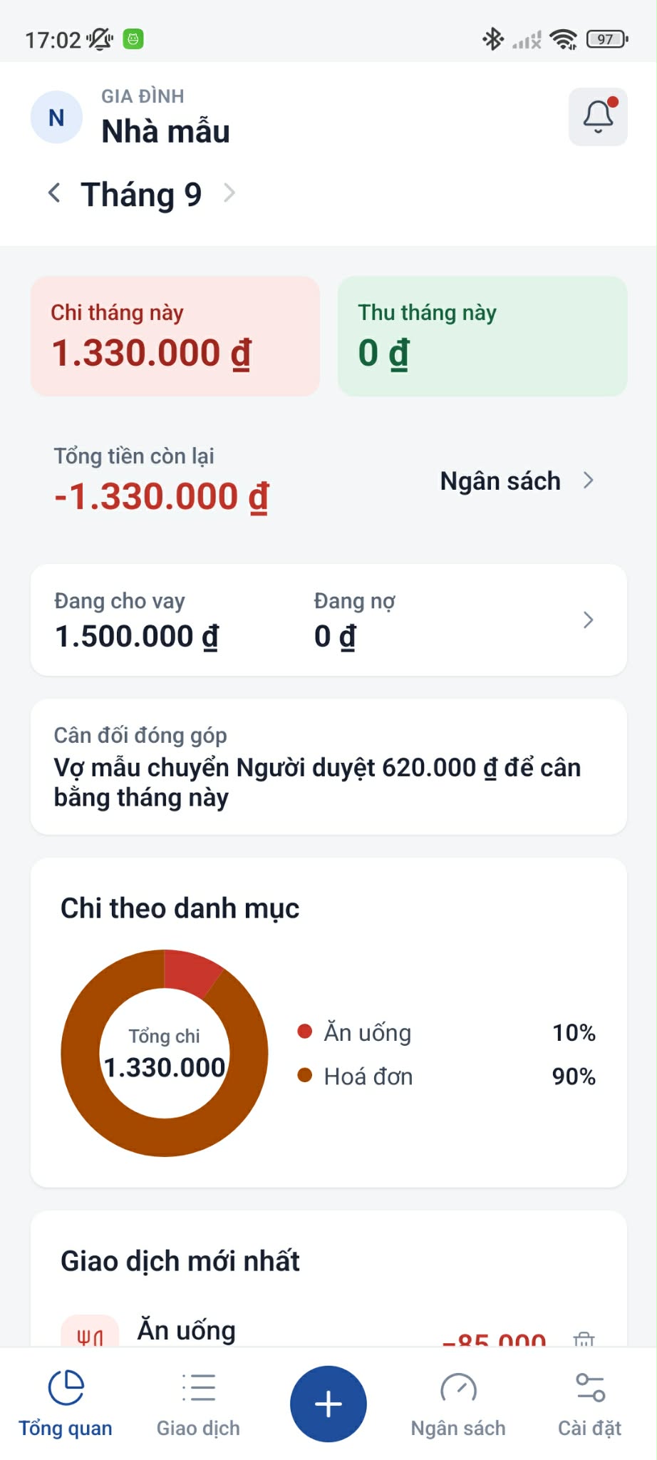 Sổ Nhà Overview screen: monthly spending and income, money left, category chart
